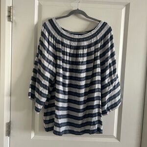 J Jill Striped Blue White Linen Blend Off Shoulder Top